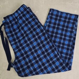 Mens XL Black Blue Plaid‎ Fleece Pajama Pants Loungewear Pockets Drawstring
